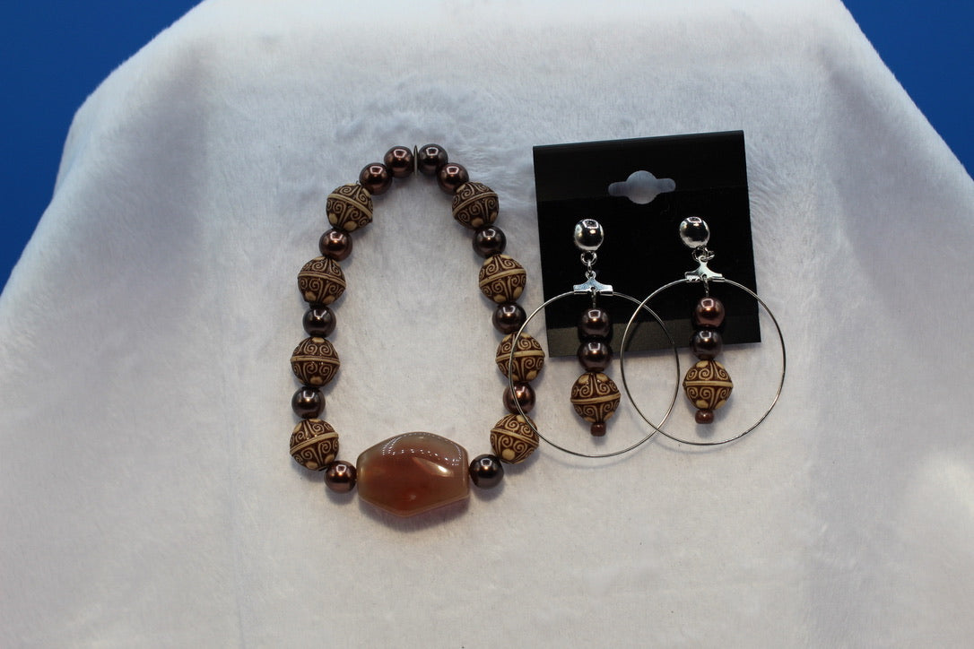 Earrings w/ Matching Bracelet - Brown